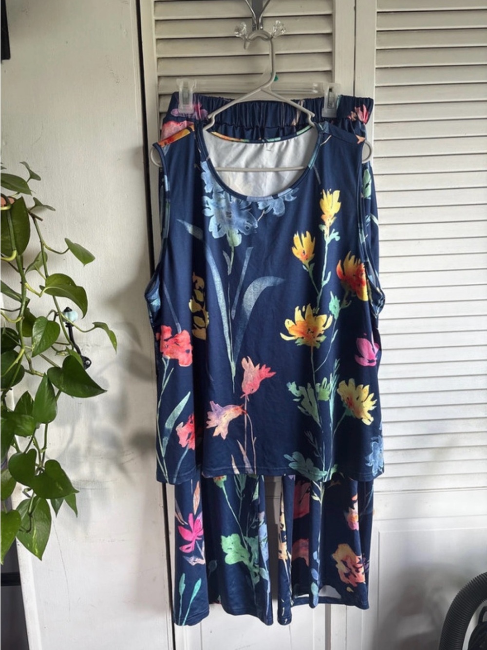 Navy Floral Sleeveless Tank top and wide leg pant pajama Set